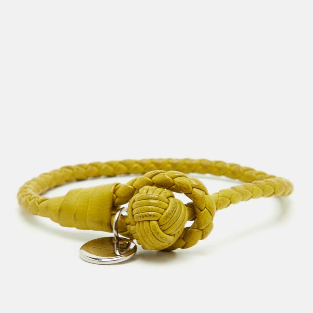 Bottega Veneta Intrecciato Yellow Knot Leather Silver Tone Bracelet